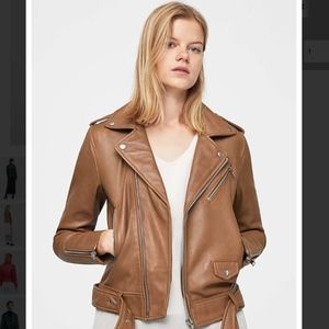 MANGO Real Leather biker jacket Cognac